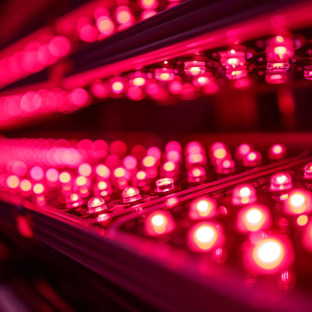 Close up of red light therapy bulbs.